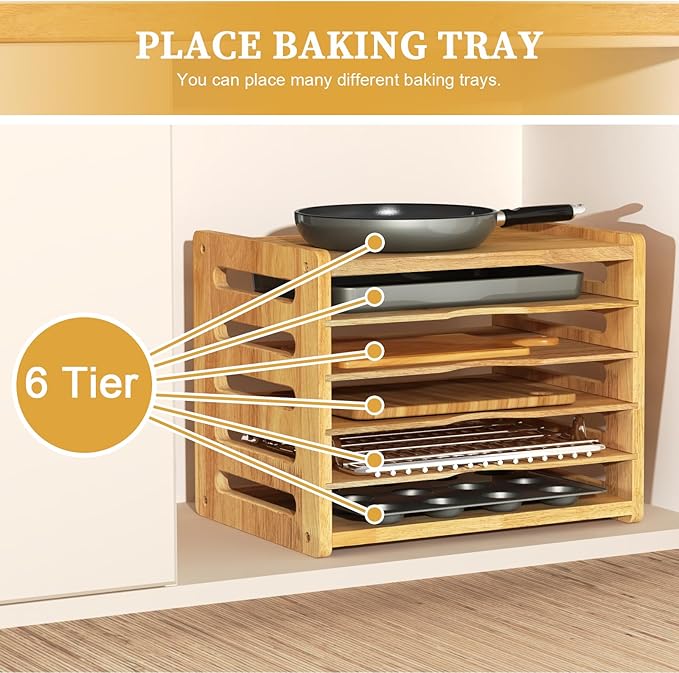 6 Tier Rubber Wood Tray Dividers for Cabinets, Heavy Weight Kitchen Vertical Tray Divider Organizer, Storing pans, Baking trays, Cutting Board(16.73" W x 14.13" H x 12.4" D)
