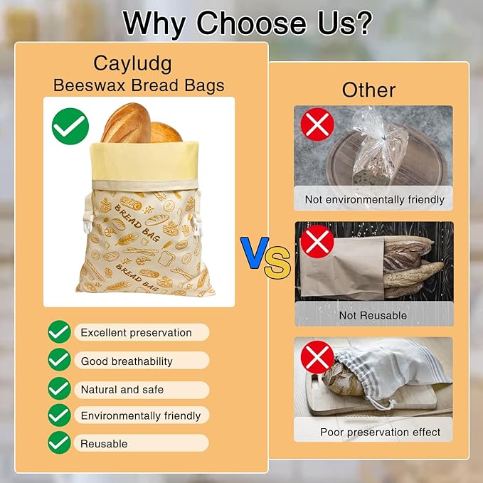 2 PCS Reusable Beeswax Bread Bags for Homemade Bread, Large Capacity Cotton Beeswax Bags, Keep Fresh, Refrigerable, Easy to Clean for Sourdough Storage Baking