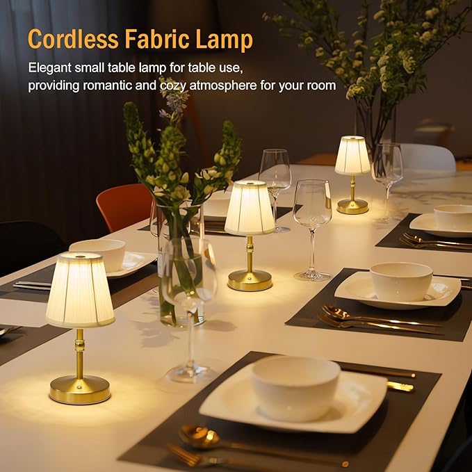 5w Led Cordless Mini Lamps,3000 mah Battery Operated Lamp,3 Color Temperature Dimmable Table Lamp,Gold Rechargeable Table Lamp Fabric,Aesthetic Small kitchen Lamp for Counter,Restaurant,Bar,H9.8"