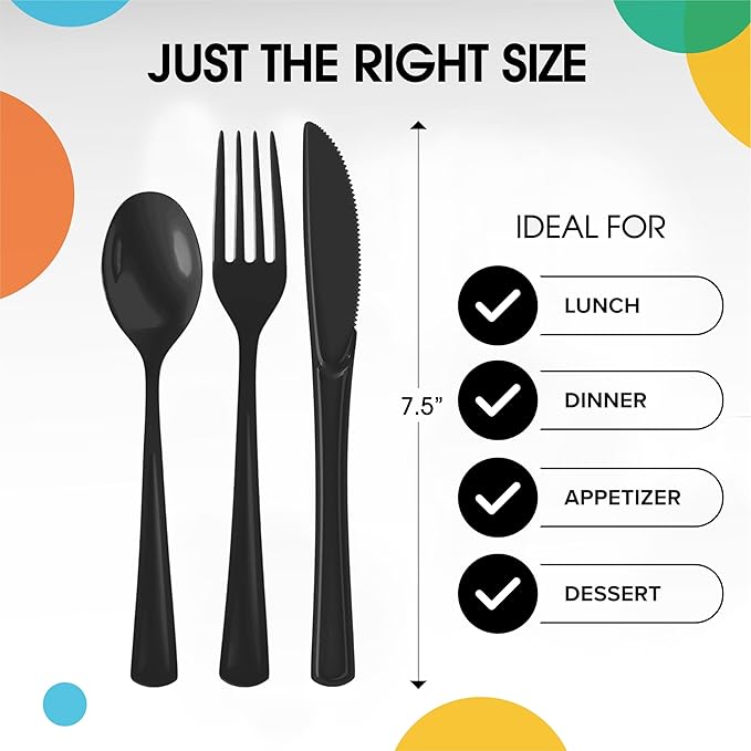 Party Solids Black Plastic Silverware Heavy Duty 300 Pieces Black Plastic Cutlery Sets, Utensil Sets, 100 Of Each Forks, Knives & Spoons Disposable Cutlery Set, Flatware Set For Party Supplies