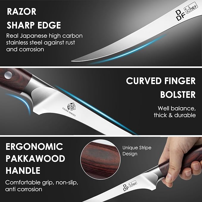 DDF iohEF Fillet Knife 7 Inch Professional Boning Knife High Carbon Japanese Stainless Steel Fish Knife with Full Tang Ergonomic Handle for Meat Cutting Trimming