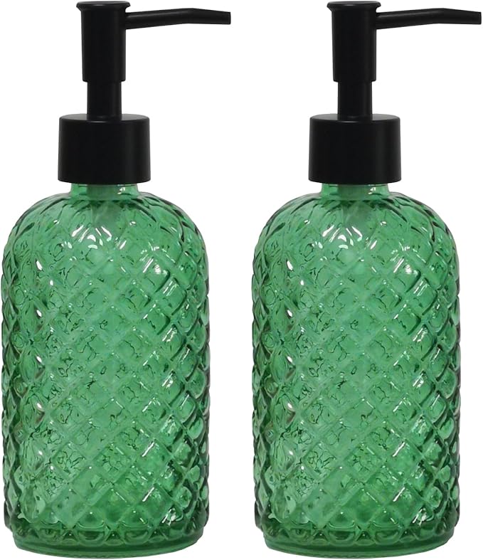 Green Glass Soap Dispenser with Black Pump, 13.5oz Liquid Hand Soap Dispenser Set, Dish Soap Lotion Dispenser for Modern Home Decor, Bathroom, Kitchen Countertop, Hotel(2 Pack)