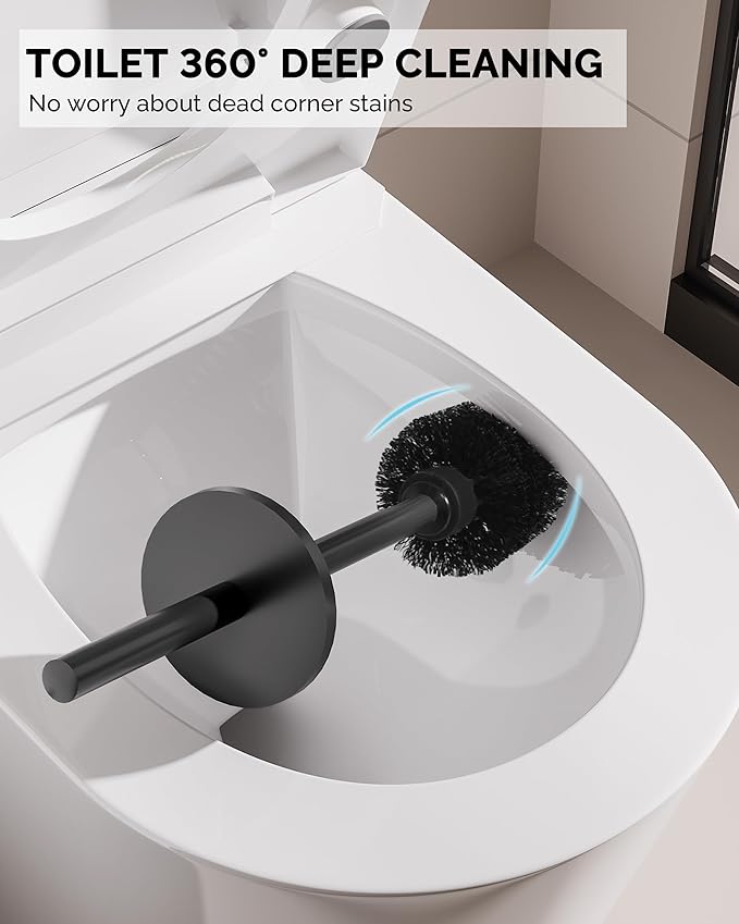 Toilet Brush and Holder Set, Stainless Steel Toilet Bowl Brush with Lid, Rust Proof Toilet Cleaner Brush with Caddy, Durable Bristles, Splash Proof, Ideal for Bathroom(1 Pack, Matte Black)