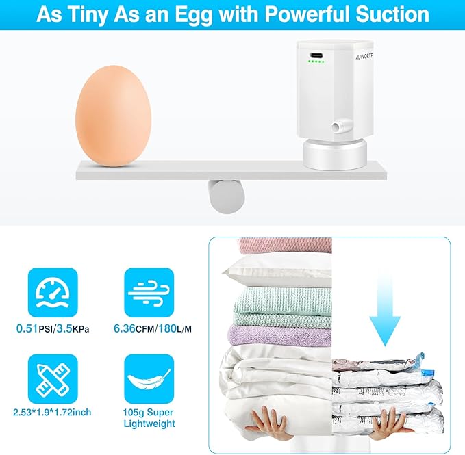 Cordless Electric Pump for Vacuum Storage Bags Travel Air Pump for Various Space Saver Bags Portable Rechargable Seal Bag Pump for Compression Clothes, Blanket, Luggage (White)