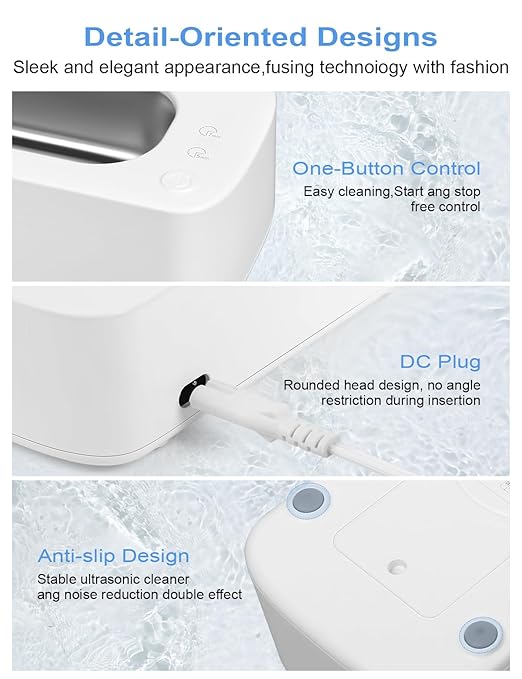 Jewelry Cleaner Machine Ultrasonic 48KHz Ultra Sonic Cleaner for Glasses, Rings, Earrings, Watch Strap, Dentures, Makeup Brush, 304 Stainless Steel 12oz Cleaning Pod with 2 Timer Modes (White1)