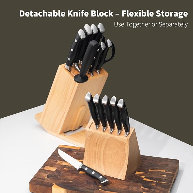 Alata 15-Piece Knife Set with Block, Razor-Sharp,Kitchen Knife Set, Forged Triple Rivet Stainless Steel Knife Block Set