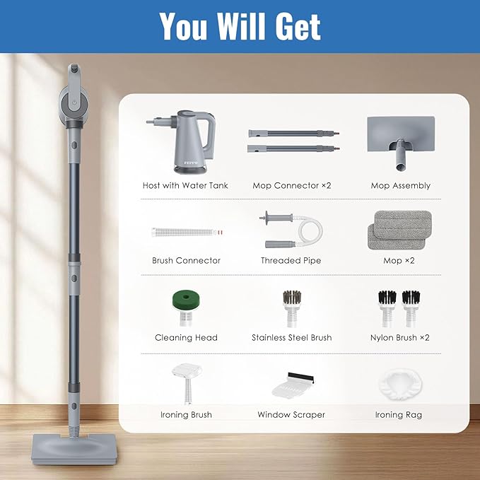 FEPPO Steam Mop & Handheld Steam Cleaner for Home and Floor Cleaning, 15s Heat-Up, 230°F Powerful Steamer with 10-in-1 Multi-Purpose Attachments for Floors, Hardwood,Tiles,Grout,Windows,Kitchen,Bath