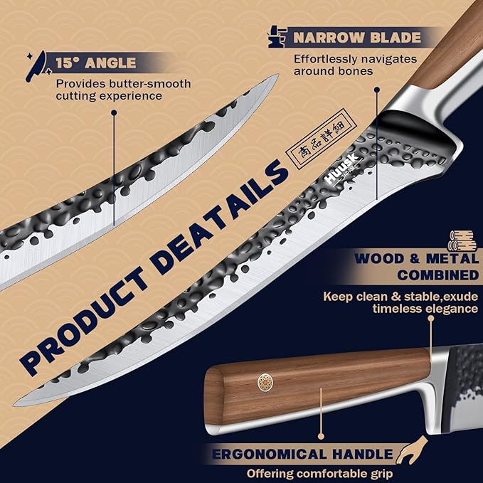 Huusk Boning Knife 6 Inch Fillet Knife for Meat Brisket Trimming Knife Japan Hand Forged Deboning Knives Full Tang Meat Cutting Butcher Knife for Kitchen Cooking BBQ