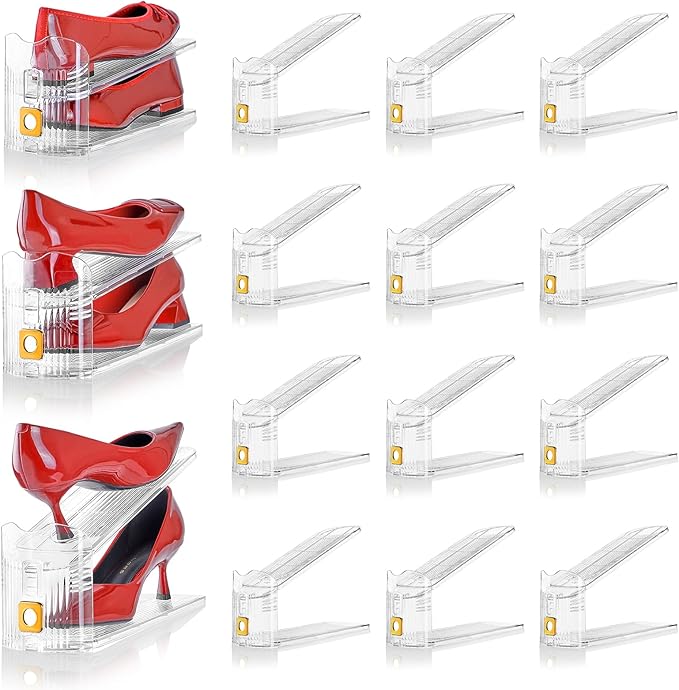 Shoe Slots Organizer for Closet, 12 Pack Shoe Stacker Organizer, Shoe Storage Space Savers 50%, 3 Levels Adjustable Shoe Racks for Closet Organization