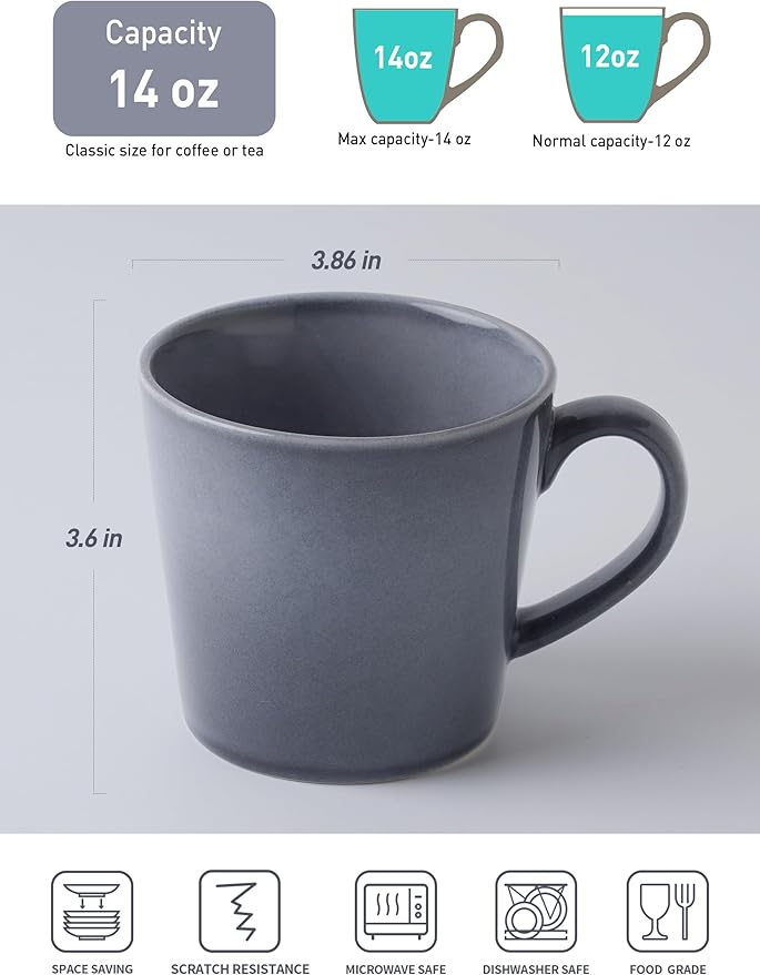 famiware Coffee Mug Set of 4, Annecy 14 oz Ceramic Reusable Cups Set with Handle, Microwavable and Dishwasherable Stoneware Drinkware Set for Tea, Milk, Water, Misty Blue