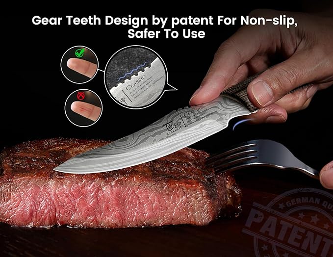 Steak Knives Set of 8, 4.8 Inch High-Carbon Japanese Style Non-serrated Steak Knife with Wood Handle, Damascus Pattern Full Tang Design, Razor-Sharp Dinner Knives with Gift Box
