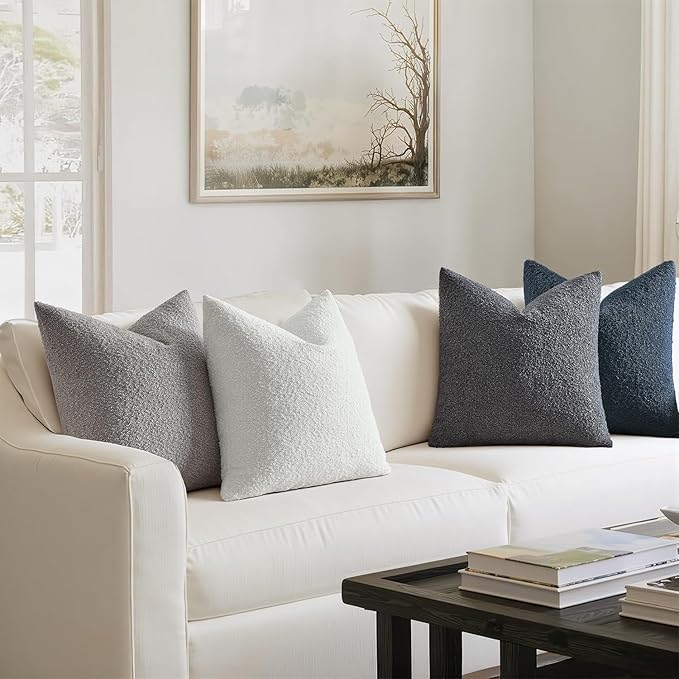 MIULEE Pack of 4 Decorative Textured Boucle Throw Pillow Covers 20x20 Inch Blue Gray Accent Solid Pillow Cases Soft Couch Cushion Covers for Modern Farmhouse Boho Chair Sofa Bed Livingroom Home Decor