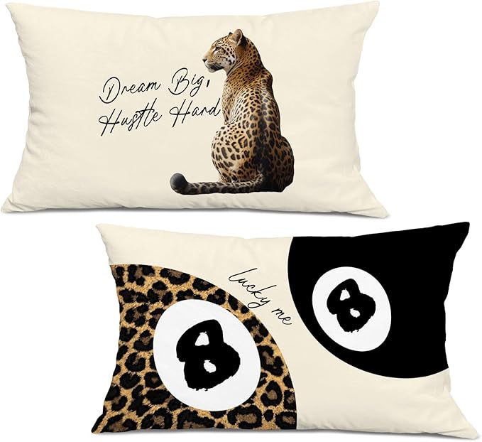 Trendy Leopard Lucky 8 Ball Pillow Covers 20x12, Cheetah Leopard Print Room Decor, Funky Preppy Leopard and Black Billiards Decorative Throw Pillow Covers for Girls Dorm Apartment,Set of 2