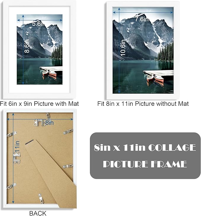 8x11 Picture Frame with Real Glass - Display Pictures 6x9 with Mat or 8 x 11 without Mat, Photo Frame for Wall or Table Top Display(White, 3 Pack)