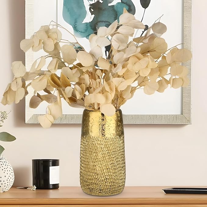 10.2" Ceramic Flower Vintage Vase - Gold Textured Metal Ceramic Vase for Farmhouse Modern Home Decor Pampas Grass Centerpieces Living Room Bedroom Office Decoration