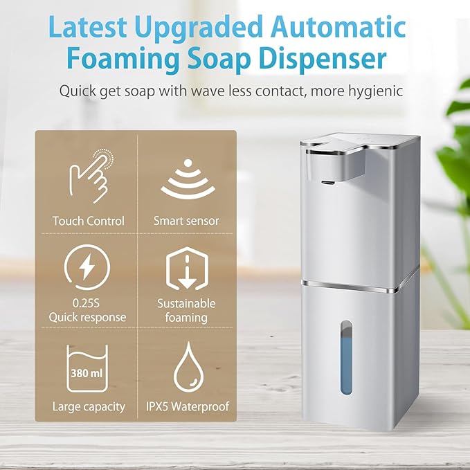 Automatic Foaming Soap Dispenser Touchless 380ml/12.8oz Rechargeable Hand Soap Dispenser Wall Mounted 4 Levels Adjustable Foam Soap Pump for Bathroom Kitchen Dish Soap