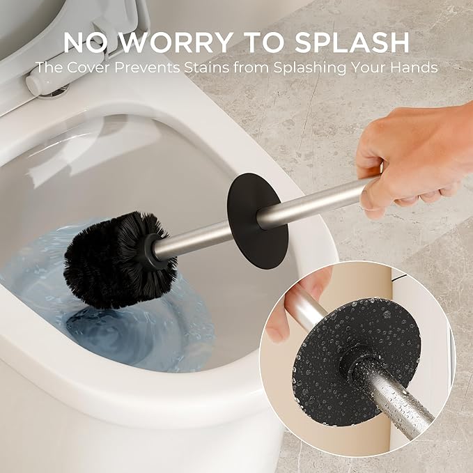 FORIOUS Toilet Brush and Holder Set Brushed Nickel, 304 Stainless Steel Long Handle and Heavy Duty Base for Bathroom Deep Cleaning, Drip-Proof, Space Saving for Storage, 2 Toilet Bowl Brush Head