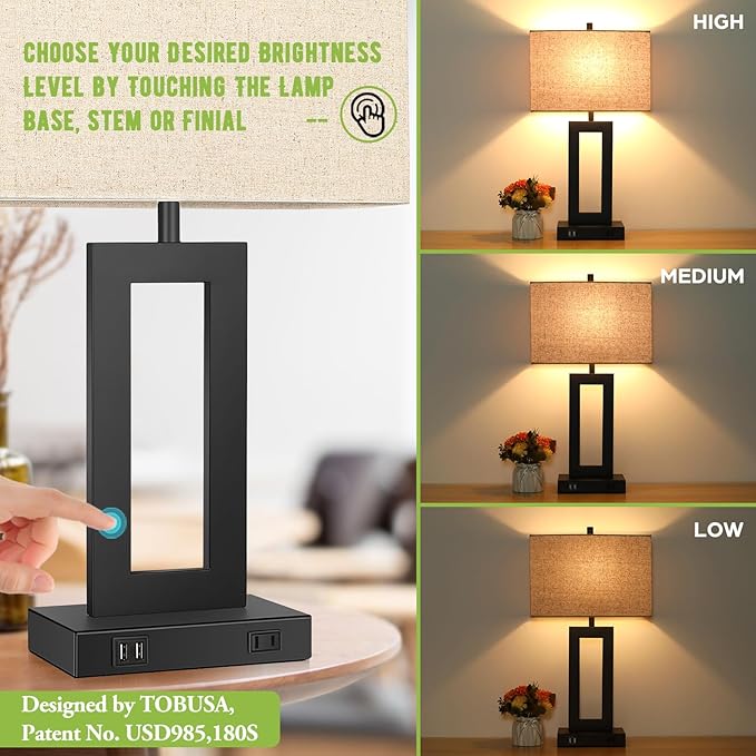 Set of 2 Touch Control Table Lamp with 2 USB Ports, 3-Way Dimmable Modern Nightstand Lamp Sets Bedside Touch Desk Lamp with Fabric Cream Shade for Bedroom Table Living Room Reading, Included Bulbs