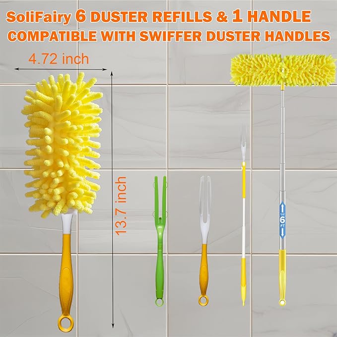Duster Refill for Swiffer Duster, Reusable Duster Refill Compatible with Swiffer Hand Duster, 360° Heavy Duty Washable Microfiber Dusters for Cleaning, 6 Pack & 1 Handle, Yellow