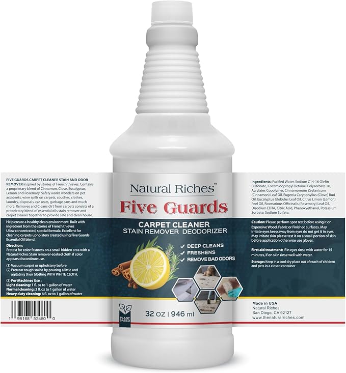 Natural Riches Organic Upholstery Carpet Cleaner Shampoo Solution Machine Use, A Miracle Carpet Cleaner Stain Remover Deodorizing Formula, Use On Rug Carpets Pet and Food Stains 32 fl oz