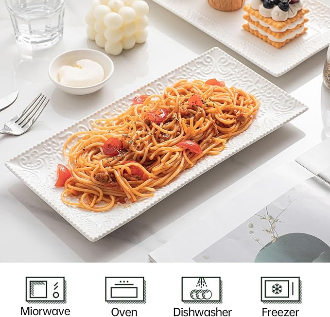 Rectangular Embossed Serving Platters Set, 12 Inch Large Ceramic Serving Plates, Stackable Serving Tray, Porcelain White Serving Platter for Appetizer, Dessert, Snacks, Steak, Dishwasher Safe (4PCS)