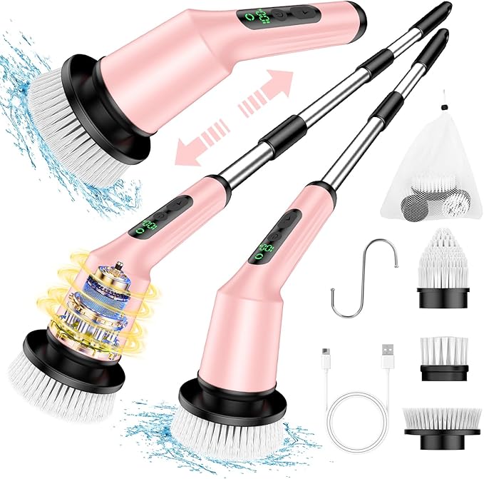 Electric Spin Scrubber for Cleaning Bathroom, Shower Scrubber Cordless Cleaning Brush with IPX7 Waterproof & 2 Speed, 3 Brush Heads, Bathroom Cleaning Supplies for Shower Tub Kitchen Tile Toilet Pink