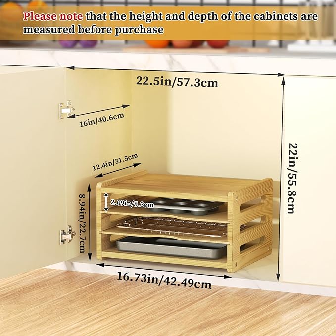 4 Tier Wooden Cabinet Tray Dividers, Kitchen Vertical Baking Sheet Organizer, Storing Pans, Baking Trays, Cutting Board