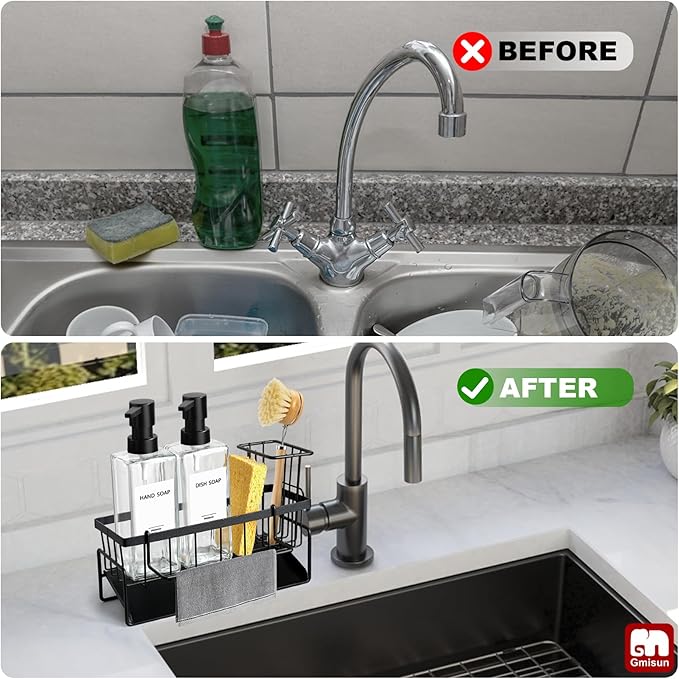 GMISUN Kitchen Soap Dispenser Set, 12 fl oz / 350 ml Dish Soap Dispensers with Sponge Holder, Customized Clear Glass Dish soap Dispenser for Kitchen, Modern Soap Dispensers Set Removable