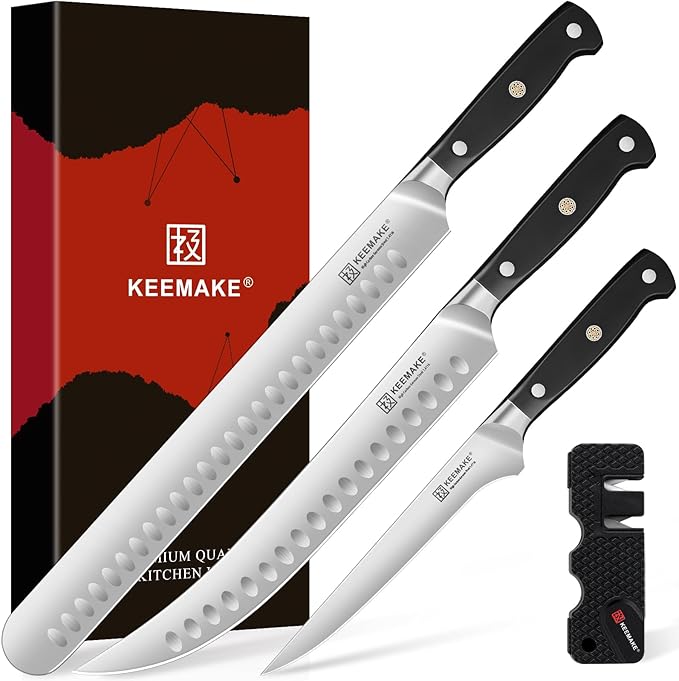 KEEMAKE Carving Knife Set - 12" Brisket Knife & 10" Butcher Knife & Boning Knife Set for Meat Ham Cutting Razor Sharp German Steel with Ergonomic Handle Full Tang Design