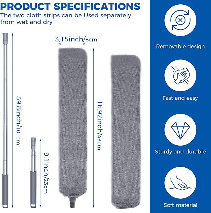 Retractable Gap Dust Cleaner Cleaning Tools with 2 Microfiber Dusting Cloths Long Handle 60inches Washable and Retractable Duster Brush for Cleaning Under Appliances Furniture Couch Fridge