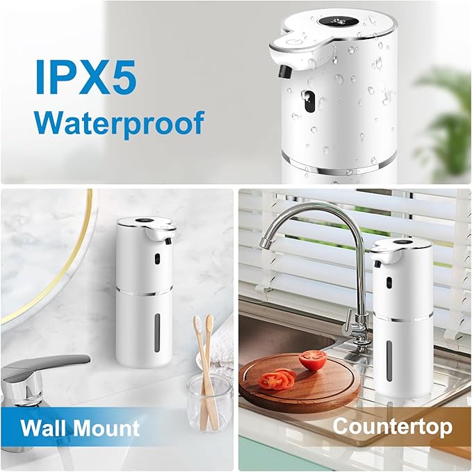 Automatic Liquid Soap Dispenser 12.8oz, Rechargeable & 6 Levels Soap Adjustable with Digital Display, Wall Mount, Waterproof, Touchless Hand/Dish Soap Dispenser for Kitchen, Bathroom, Hotel