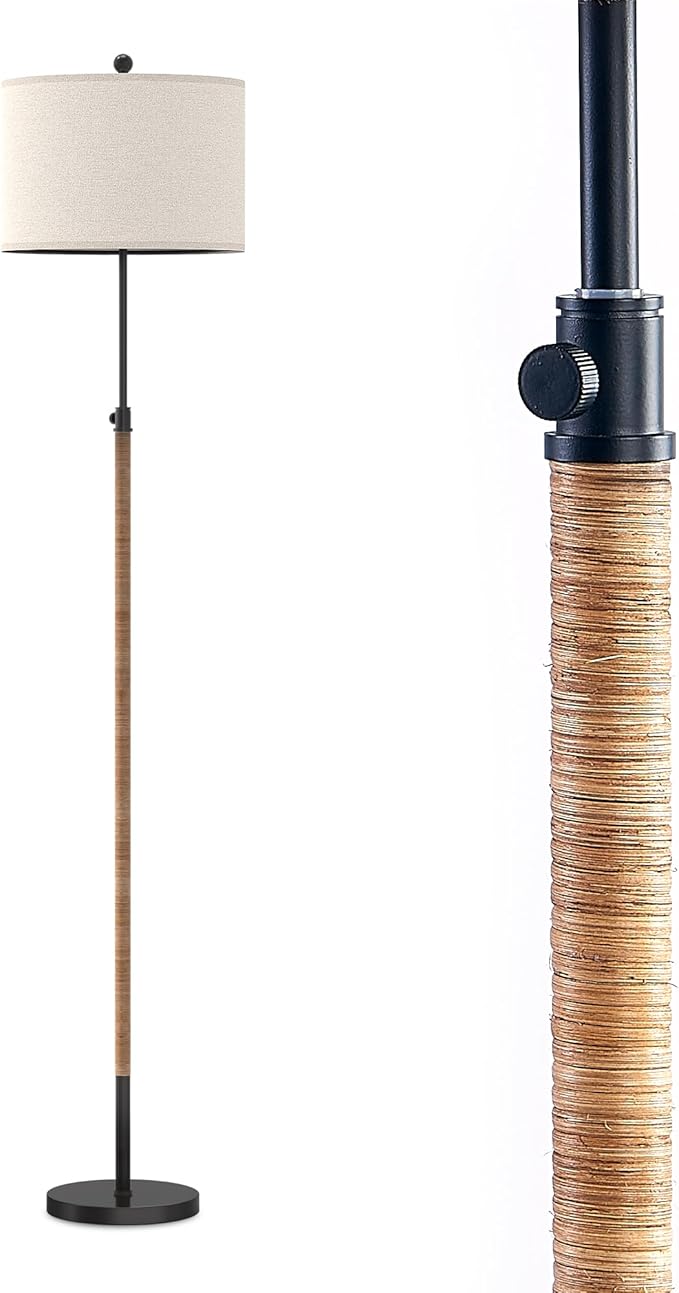 Farmhouse Rattan Floor Lamp for Living Room, Adjustable Height:65"-70" Black Standing Lamp, Boho Tall Skinny Pole Light with Oatmeal Shade for Bedroom Office