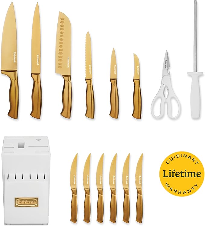 Cuisinart Professional Block Knife Set, 15pc Cutlery Knife Set with Steel Blades for Precise Cutting, Lightweight, Stainless Steel, Durable & Dishwasher Safe (White/Gold)