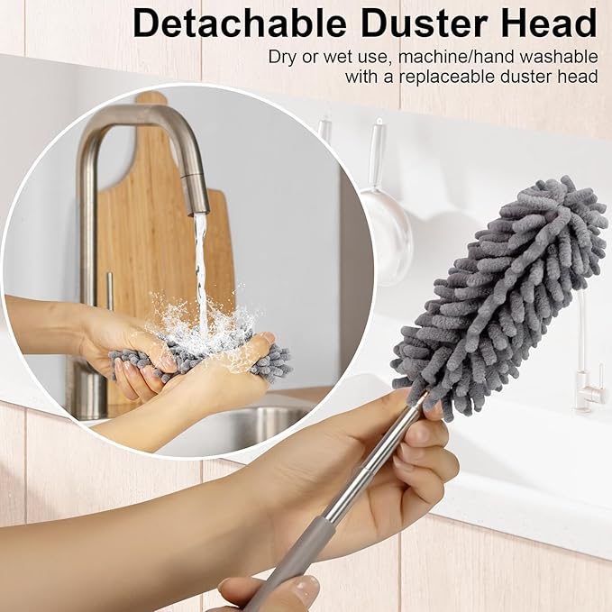Microfiber Feather Duster for Cleaning,Sheneyron Washable Dusters,with 2pcs Replaceable Microfiber Head,Detachable Cleaning Supplies for Car,Ceiling Fan,Window,Furniture,Office