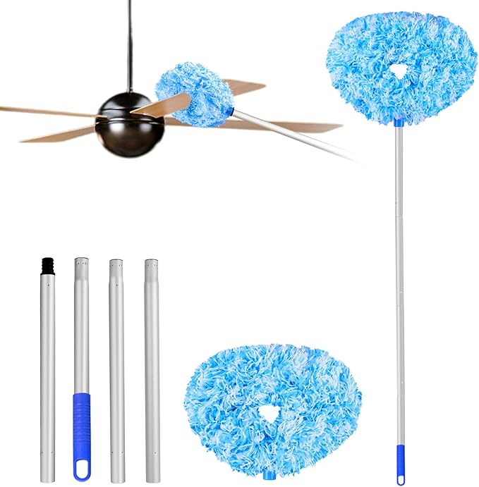 Ceiling Fan Cleaner Duster Reusable Microfiber Ceiling Fan Blade Cleaner Removable Duster with Extension Pole Adjusts 13 to 49.7 Inch for Cleaning Walls Furniture Door Window Top (Blue White)