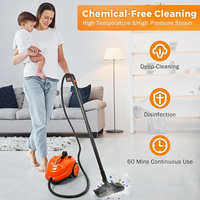 BEAMNOVA Steam Cleaner Electric Household Steamer High Pressure Multipurpose Cleaning Machine Heavy Duty Rolling for Floor Carpet Car Detailing Windows Home, Inside Water Container with Roller, Orange