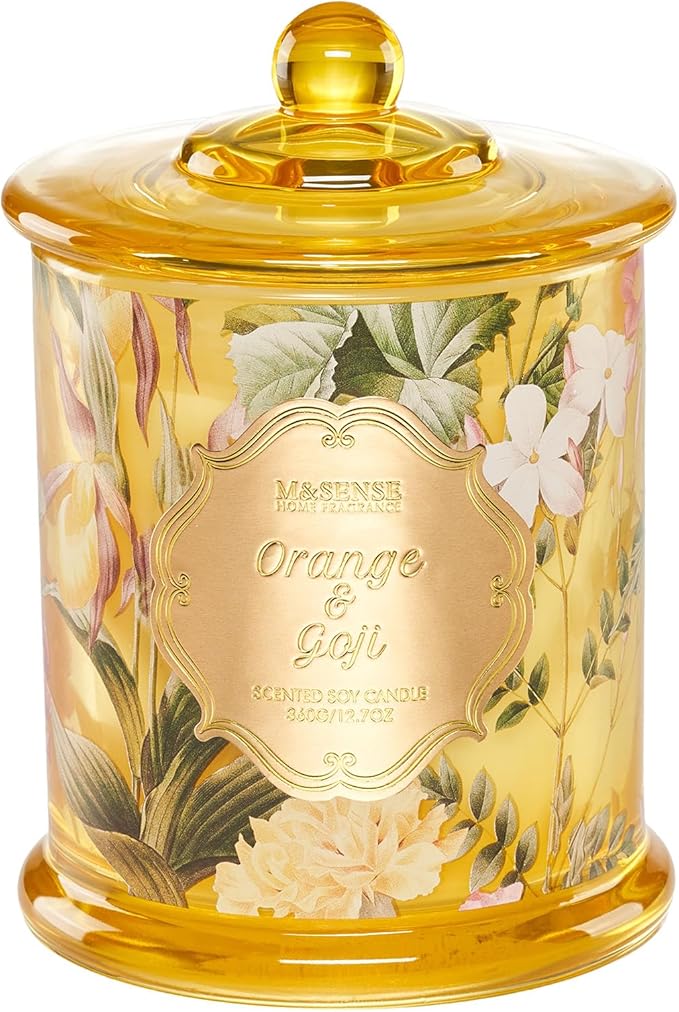M&SENSE Orange Goji Scented Candle for Home, Plant-Based Soy Candles Non Toxic, Fresh Citrus Fragrant Air Purifying Relaxing Aromatherapy, 2 Wick 12.7oz Large Jar Candle 75H Long Lasting, Father Gift