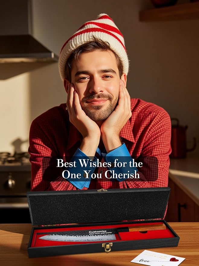 Custom Chefs Knife, Customizable Patterns and Copywriting Sharp 8 Inch Japanese Knife with Rosewood Handle, Birthday Gifts for Men in Sandalwood Gift Box