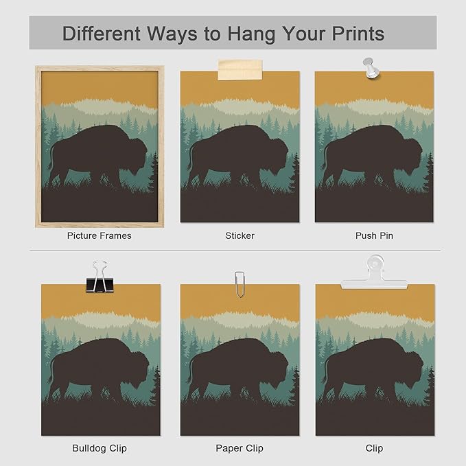SIGNWIN Poster Bathroom Decor 8"x10"x 4, Wall Art Room Decor Multicolor for Living Room, Bedroom, Office Country Farmhouse Vibrant Bison Silhouette Nature Wilderness Animals Decorative Chic