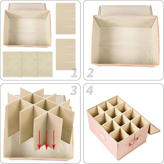 popoly Wine Glass Storage Box 2 Pack, Stemware Storage Containers Cases with Dividers, Stackable Moving Supplies for 12 Wine Glasses, Drinkware, Glassware or Crystal (Beige)