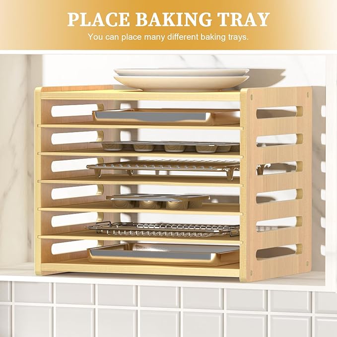 7 Tier Large Size Wooden Tray Dividers for Cabinet, Kitchen Cabinet Tray Divider for Pans, Storing pans, Baking trays, Cutting Board