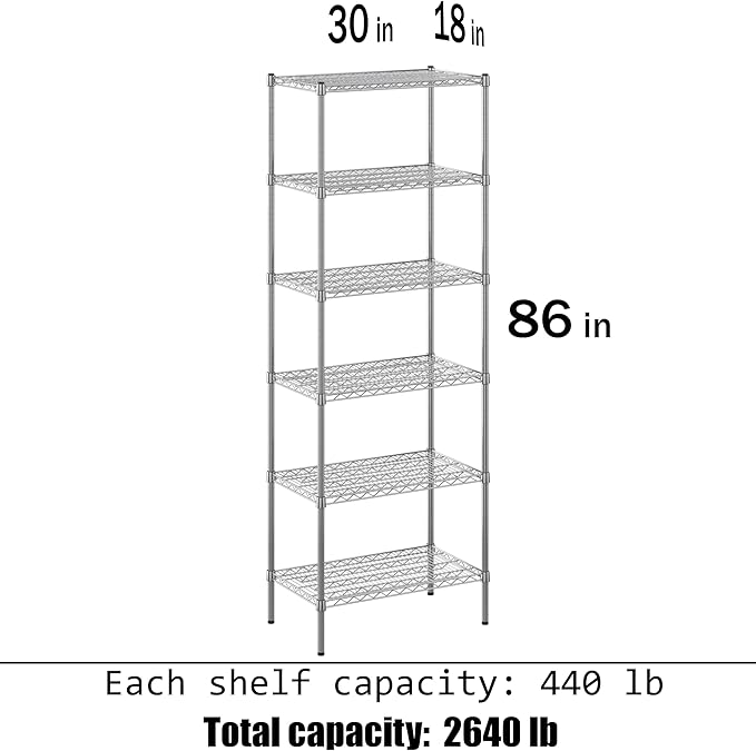 18" Deep x 30" Wide x 86" Height Wire Shelving Kit | 6-Tier | NSF Commercial Storage Rack Unit
