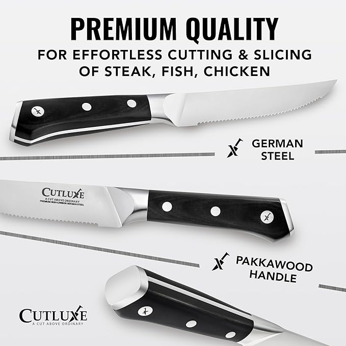 Cutluxe Steak Knives Set of 6, Serrated Steak Knives – Forged High Carbon German Steel, Full Tang, Ergonomic Handle Design – Artisan Series