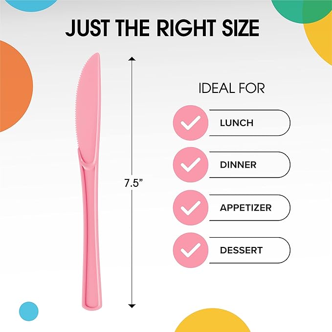 Party Solids Pink Plastic Knives 200 Pieces Pink Knives Disposable Utensils Heavy Duty Plastic Cutlery Set Disposable Cutlery Sets Flatware Sets Silverware Set Party Supplies & Party Tableware