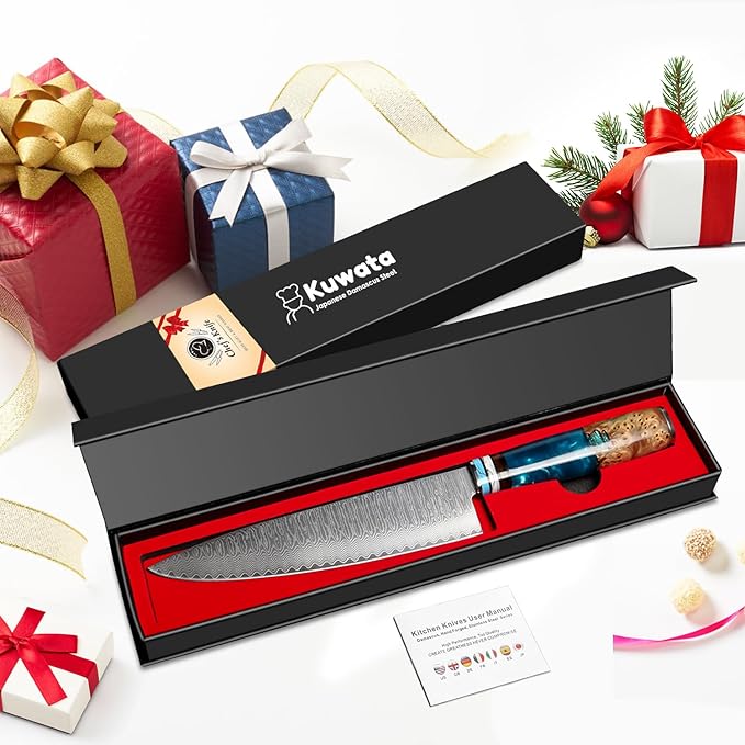 Kuwata Chef Knife, Professional Japanese VG10 Damascus Steel Kitchen Chefs Knife 8 Inch, Razor Sharp Professional Meat Cutting Knife with Gift Box for Family, Restaurant