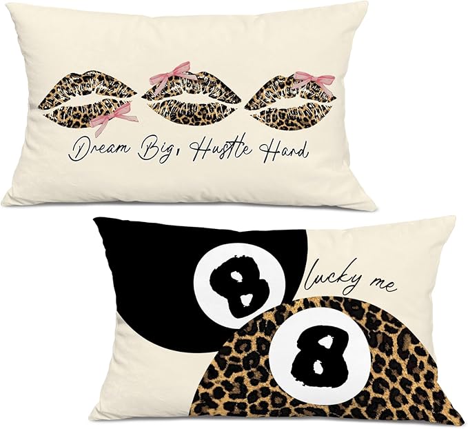 Leopard Star Lucky 8 Ball Throw Pillow Covers 20x12, Cheetah Print Room Decor, Trendy Funky Y2K Leopard Print Decorative Pillow Covers for Girls Room Dorm Apartment Home,Set of 2