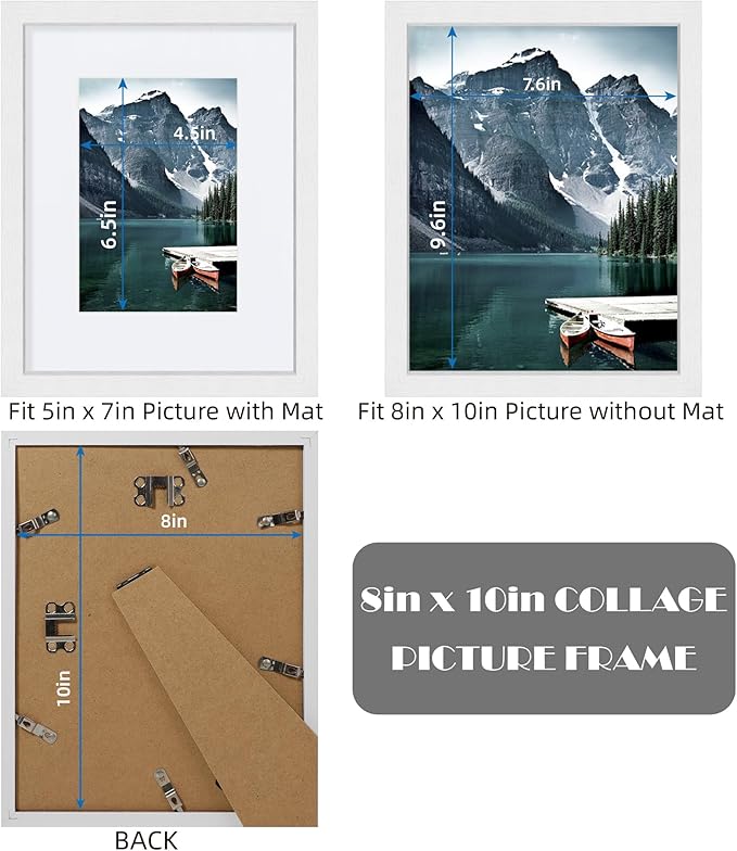 8x10 White Picture Frames set of 3, Made of Wooden and Glass Photo frame - Displays Picture 5x7 with Mat or 8 x 10 without Mat, Desktop & Wall Collage Frame set