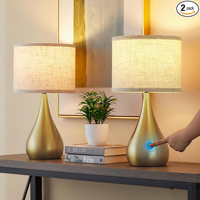 18.1'' Modern Touch Lamps for Nightstand Set of 2 with 3 Way Dimmable, Table Lamps for Living Room, Office, Bedside Lamps with Heavy Iron Base, Touch Switch, Bulb Included, Gold