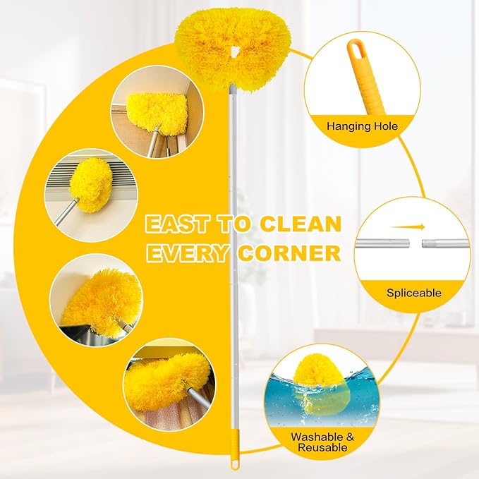 Ceiling Fan Cleaner Duster Reusable Microfiber Ceiling Fan Blade Cleaner Removable Duster with Extension Pole Adjusts 13 to 49.7 Inch for Cleaning Walls Bookshelves Furniture Door Window Top (Yellow)