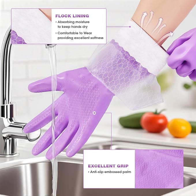 Elgood Reusable Long Dishwashing Cleaning Gloves with Latex Free, Long Cuff,Cotton Lining,Kitchen Gloves 2 Pairs,Purple+Blue Large